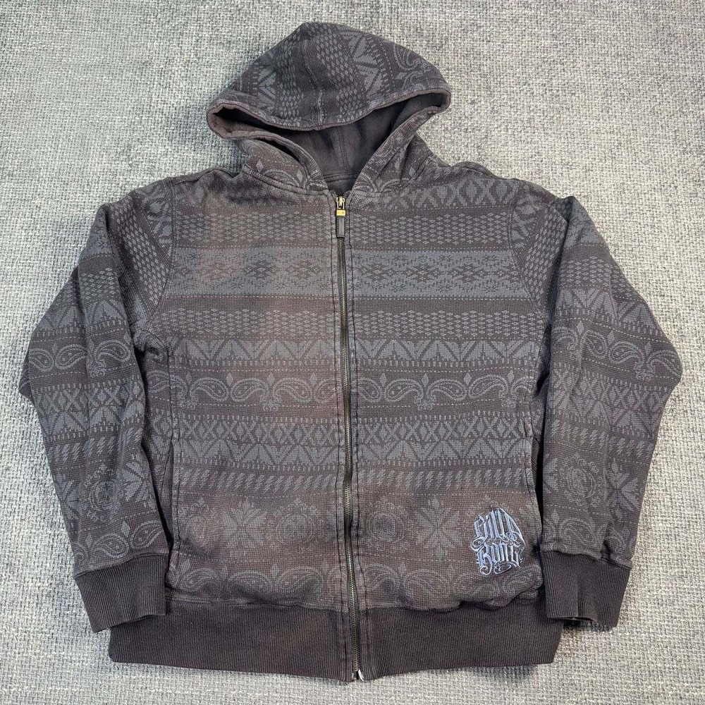 Billabong Zip Up Thermal Reversible Hoodie Mens Medium Grey Tribal Paisley Y2K